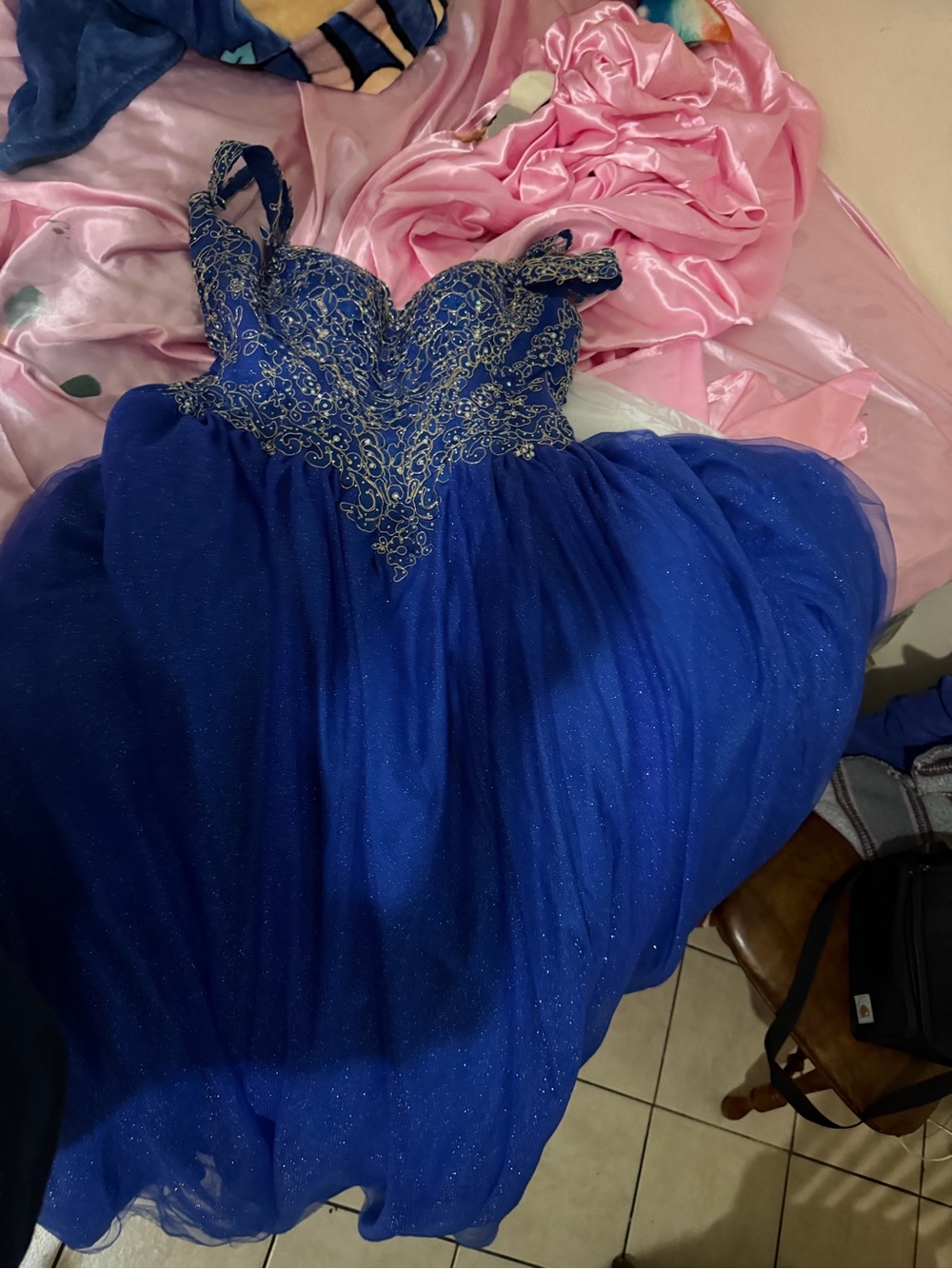 Girls Sparkle Royal Blue Tulle Party Dress with Gold Embellished Bodice
